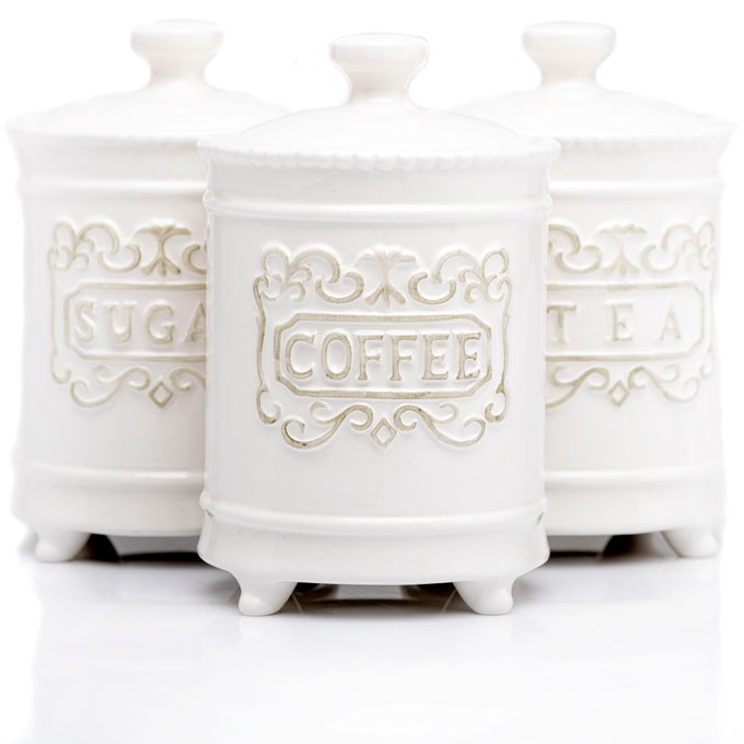 25 OUNCE ELEGANT CERAMIC KITCHEN CANISTERS SET OF 3 ENGRAVED COFFEE TEA SUGAR STORAGE CONTAINERS WITH FEET FOR ADDED STYLE AND STABILITY CERAMIC JAR WITH AIRTIGHT LID