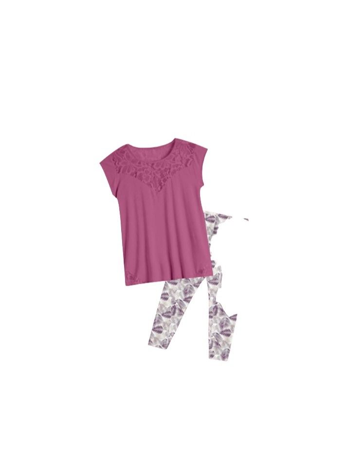 Summer women's pajama consisting of a cashmere T-shirt and decorated white pants