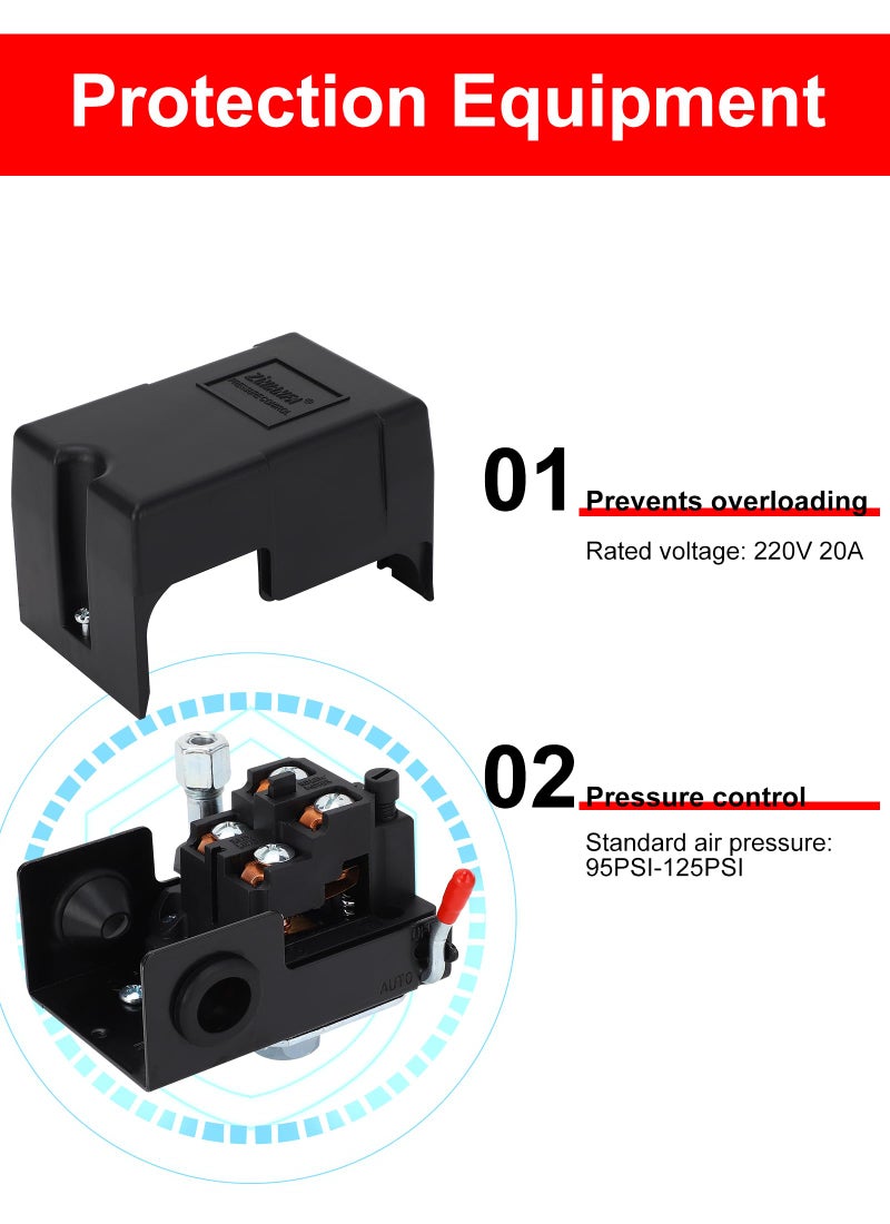 Jectse Air Compressor Pressure Switch, 95-125 Psi 240V 26A Heavy Duty Universal Pump Pressure Switch Control Valve,for Air Compressor Replaces Valve - Image 2