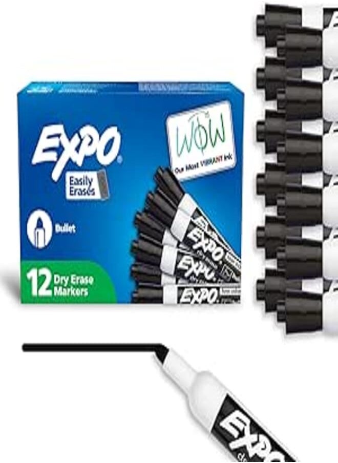 Expo EXPO Low Odor Bullet Black Dry Erase Markers For Use On Whiteboards, Glass and Non-porous Surfaces; Ideal for Classrooms, Offices and Homes, Pack of 12 (82001) 
