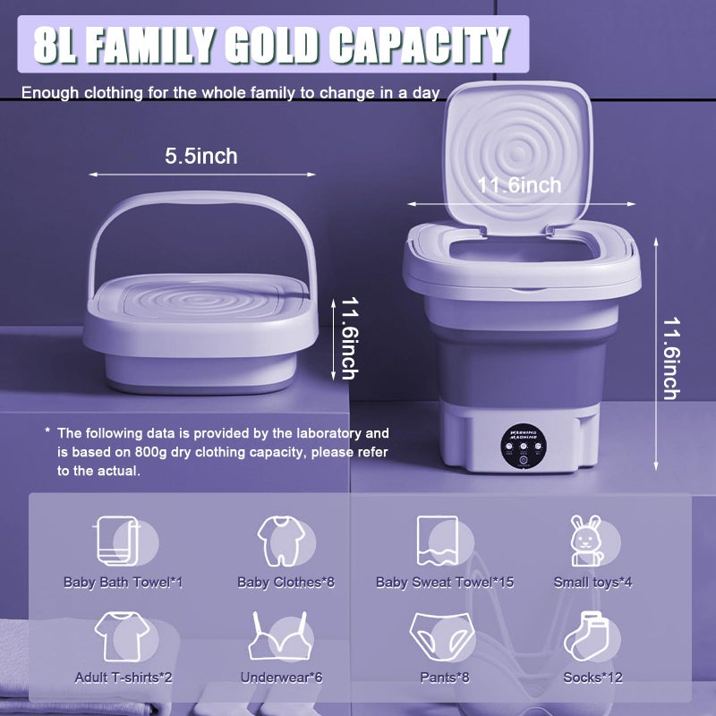 Roadtime Mini Portable Washing Machine, 8L Foldable With 3 Modes for Camping, Underwear, Lightweight Clothing, EU Plug (Purple) - Image 2