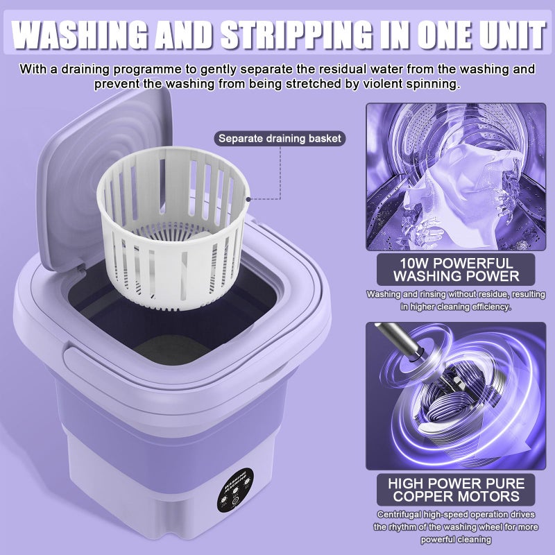 Roadtime Mini Portable Washing Machine, 8L Foldable With 3 Modes for Camping, Underwear, Lightweight Clothing, EU Plug (Purple) - Image 5