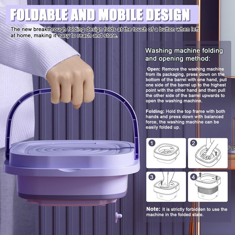 Roadtime Mini Portable Washing Machine, 8L Foldable With 3 Modes for Camping, Underwear, Lightweight Clothing, EU Plug (Purple) - Image 4