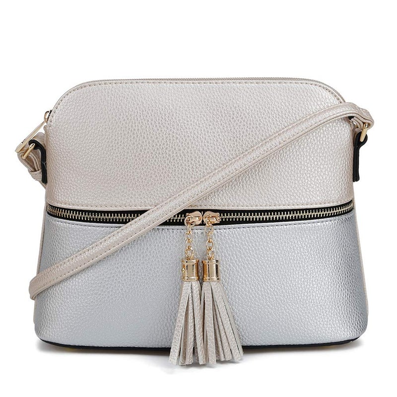 SG SUGU Lunar Lightweight Medium Dome Crossbody Bag Shoulder Bag with Double Tassels | Zipper Pocket | Adjustable Strap|Champagne/Silver - Image 4