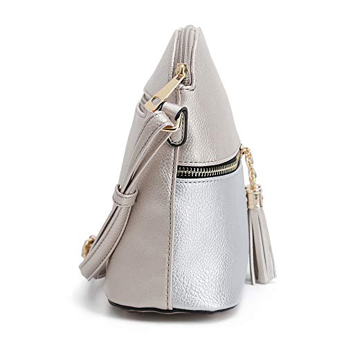 SG SUGU Lunar Lightweight Medium Dome Crossbody Bag Shoulder Bag with Double Tassels | Zipper Pocket | Adjustable Strap|Champagne/Silver - Image 3