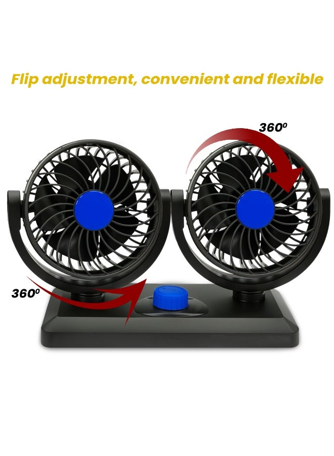 Double-Headed Car Fan F30, 12V/24V Dual Head Dashboard Fan with 360° Adjustable Airflow, Low Noise, Strong Wind, 2-Speed Control, Suitable for Cars, SUVs, Trucks, Vans, RVs, Brushless Motor, Adhesive Base, Wide Angle Cooling System - Image 4
