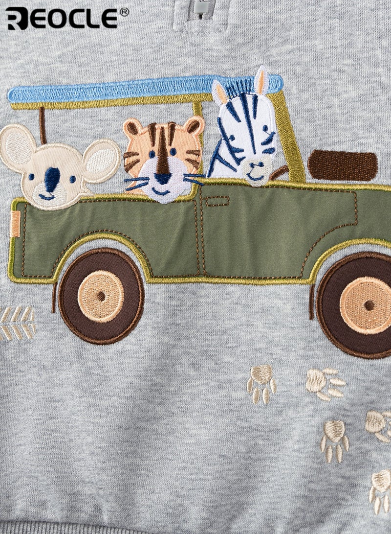 ريوكل سويت شيرت للصبي مع تصميم سيارة كرتونية وطباعة حيوانات، قمة من القطن للأطفال مع ملائمة ناعمة ومريحة لارتداء غير رسمي في الخري - Image 5