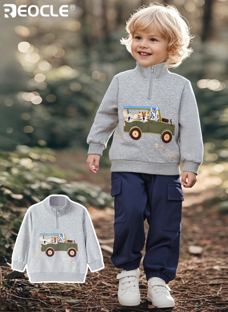 ريوكل سويت شيرت للصبي مع تصميم سيارة كرتونية وطباعة حيوانات، قمة من القطن للأطفال مع ملائمة ناعمة ومريحة لارتداء غير رسمي في الخري - Image 2