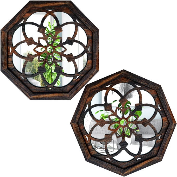 2PIECE OCTAGON WALLMOUNTED MIRRORSVINTAGE FARMHOUSE MIRROR FOR WALL DECORCARAMEL COLOR DECORATIVE ACCENT MIRROR FOR FOYER BATHROOM BEDROOM 12X12