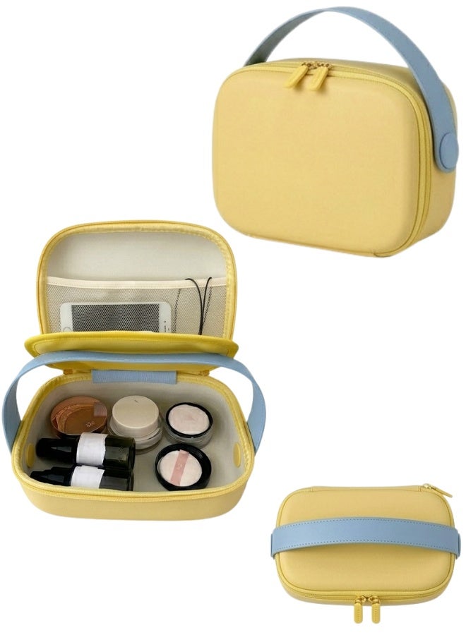 حقيبة مكياج بيضاوية الشكل بمقبض علوي عريض، وسحاب مزدوج، ومنظم مستحضرات تجميل مقاوم للصدمات، وحقيبة سفر متعددة الأقسام، وجيب علوي شبكي، ومساحة تخزين مرنة للفرش، وحقيبة مكياج احترافية متينة للاستخدام اليومي والسفر - (أصفر) - Image 1