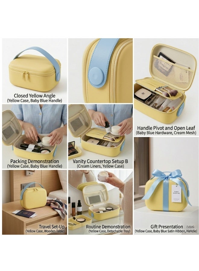 حقيبة مكياج بيضاوية الشكل بمقبض علوي عريض، وسحاب مزدوج، ومنظم مستحضرات تجميل مقاوم للصدمات، وحقيبة سفر متعددة الأقسام، وجيب علوي شبكي، ومساحة تخزين مرنة للفرش، وحقيبة مكياج احترافية متينة للاستخدام اليومي والسفر - (أصفر) - Image 4