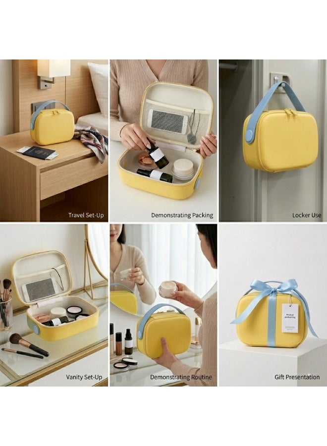 حقيبة مكياج بيضاوية الشكل بمقبض علوي عريض، وسحاب مزدوج، ومنظم مستحضرات تجميل مقاوم للصدمات، وحقيبة سفر متعددة الأقسام، وجيب علوي شبكي، ومساحة تخزين مرنة للفرش، وحقيبة مكياج احترافية متينة للاستخدام اليومي والسفر - (أصفر) - Image 2