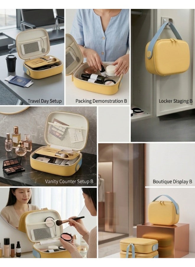 حقيبة مكياج بيضاوية الشكل بمقبض علوي عريض، وسحاب مزدوج، ومنظم مستحضرات تجميل مقاوم للصدمات، وحقيبة سفر متعددة الأقسام، وجيب علوي شبكي، ومساحة تخزين مرنة للفرش، وحقيبة مكياج احترافية متينة للاستخدام اليومي والسفر - (أصفر) - Image 3