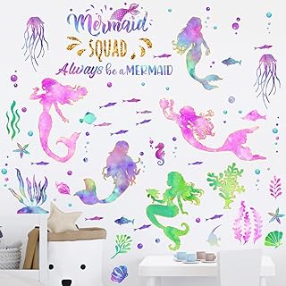 Glenmal 2 Sheets Large Mermaid Wall Decals Girls Glitter Wall Decals Mermaid Bedroom Wall Peel Stickers Mermaid - Image 1