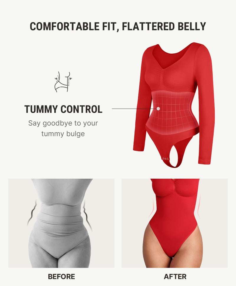 FeelinGirl Tummy Control Bodysuit for Women Long Sleeve Compression Thong Basic Shapewear Rust Red XL - Image 3