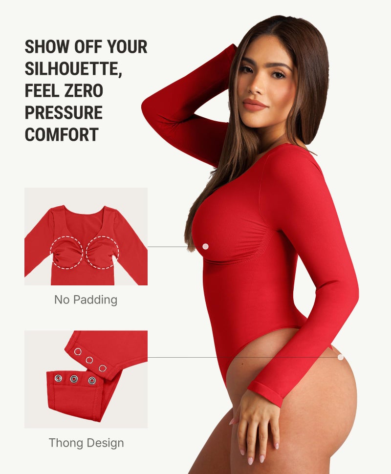 FeelinGirl Tummy Control Bodysuit for Women Long Sleeve Compression Thong Basic Shapewear Rust Red XL - Image 2