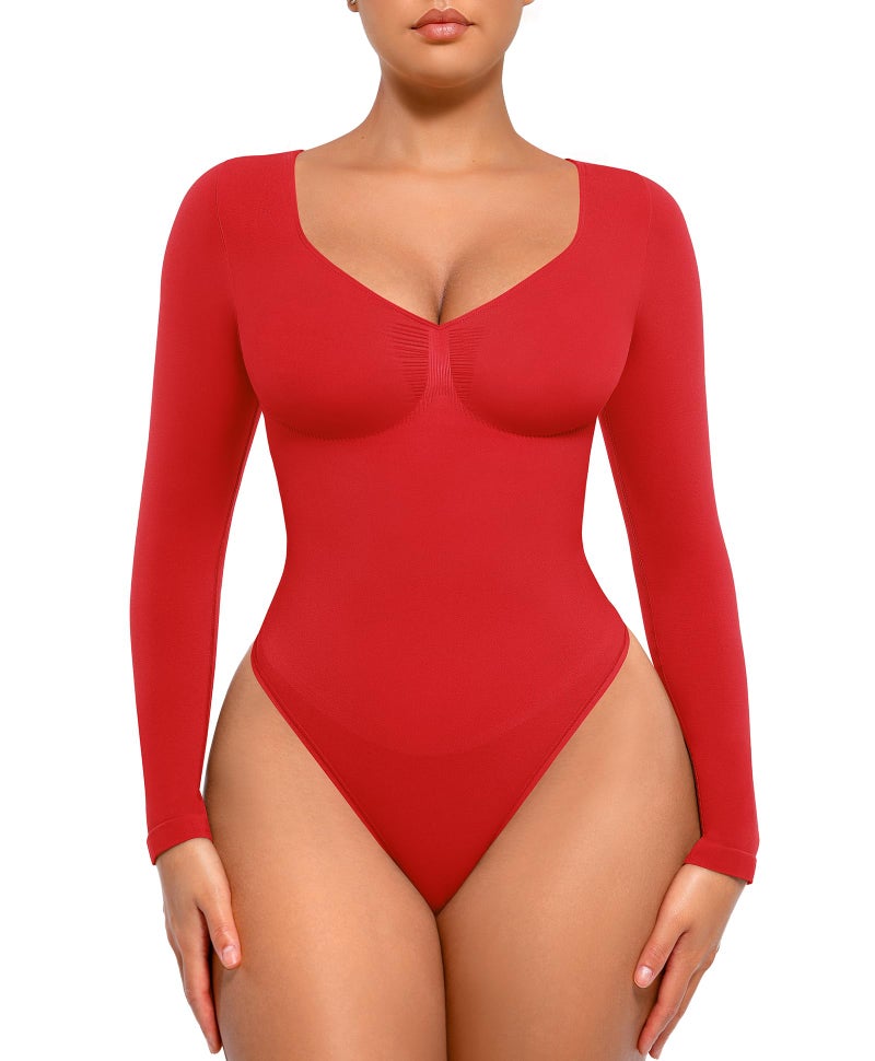 FeelinGirl Tummy Control Bodysuit for Women Long Sleeve Compression Thong Basic Shapewear Rust Red XL - Image 1