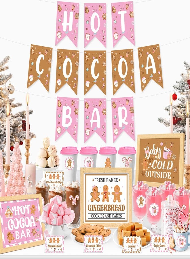 K KUMEED Hot Cocoa Bar Kit Pink and Gingerbread Hot Cocoa Bar Banner Cute Gingerbread Man Sign Oh Snap Toppings Tent Cards Cup Tags Stickers for Christmas Party Winter Baby Shower Baby It's Cold Outside - Image 1