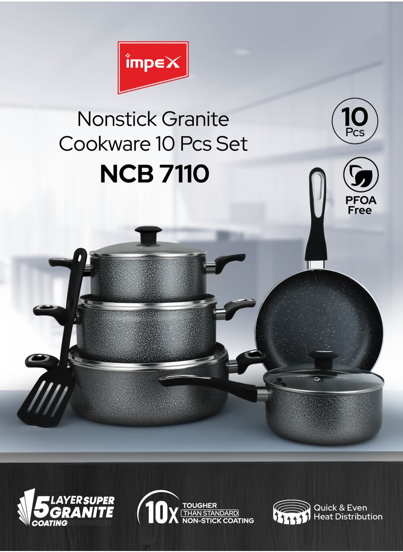 Impex - 10-Piece Aluminum Cookware Set,5 Layer Super Granite Coating, Non-Stick Surface, Fry Pan 24cm,3 Saucepan with Lid 28\24\20cm, Milk Pan with Lid 18cm And Spatula, PFOA Free-NCB 7110 - Image 1