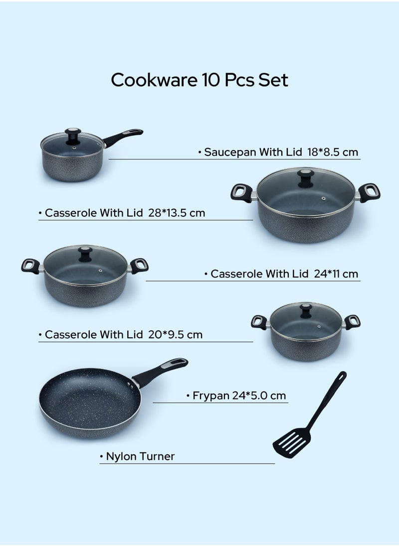 Impex - 10-Piece Aluminum Cookware Set,5 Layer Super Granite Coating, Non-Stick Surface, Fry Pan 24cm,3 Saucepan with Lid 28\24\20cm, Milk Pan with Lid 18cm And Spatula, PFOA Free-NCB 7110 - Image 1