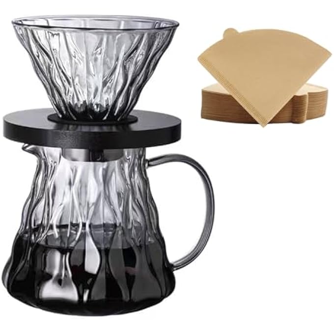 Gocoffun مجموعة ماكينة تحضير القهوة من البورسليكات سعة 600 مل مع وعاء قهوة من الزجاج البوروسيليكاتي مع 50 قطعة من فلتر ورق V60 سعة 13 كوبًا لتنقية القهوة للاستخدام المنزلي والمقهى والمطعم باللون الرمادي - Image 1