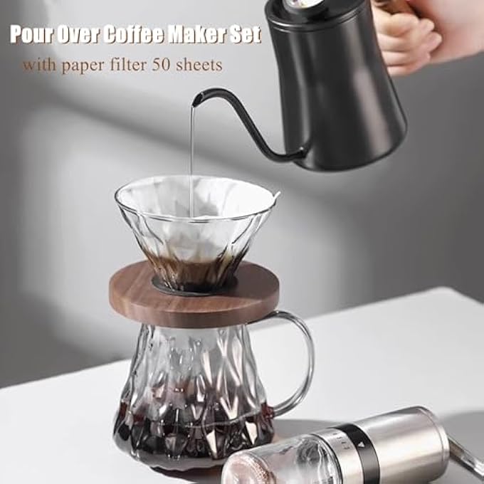 Gocoffun مجموعة ماكينة تحضير القهوة من البورسليكات سعة 600 مل مع وعاء قهوة من الزجاج البوروسيليكاتي مع 50 قطعة من فلتر ورق V60 سعة 13 كوبًا لتنقية القهوة للاستخدام المنزلي والمقهى والمطعم باللون الرمادي - Image 3