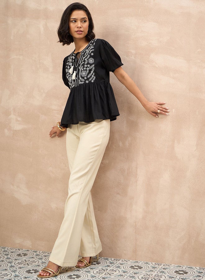 Baizee All About You Women Floral Embroidered Tie-Up Neck Ethnic Peplum Top - Image 5