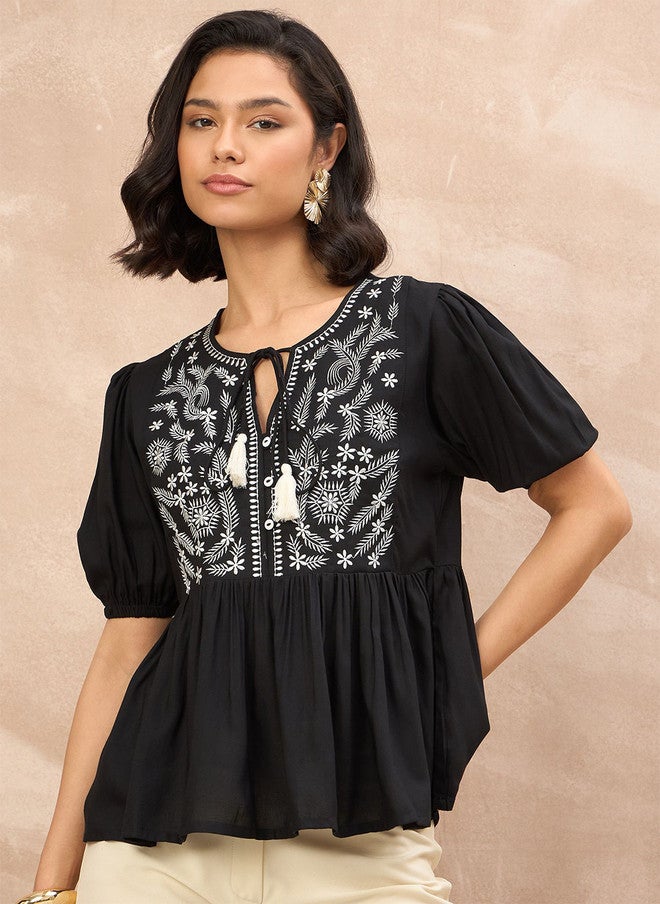 Baizee All About You Women Floral Embroidered Tie-Up Neck Ethnic Peplum Top - Image 1