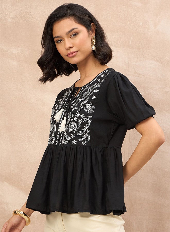 Baizee All About You Women Floral Embroidered Tie-Up Neck Ethnic Peplum Top - Image 3