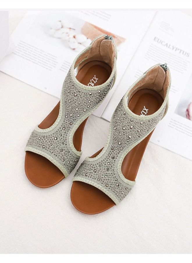 Loquat Fairy Wind Back Zipper Wedge Heel Sandals 5CM Green  - Image 2