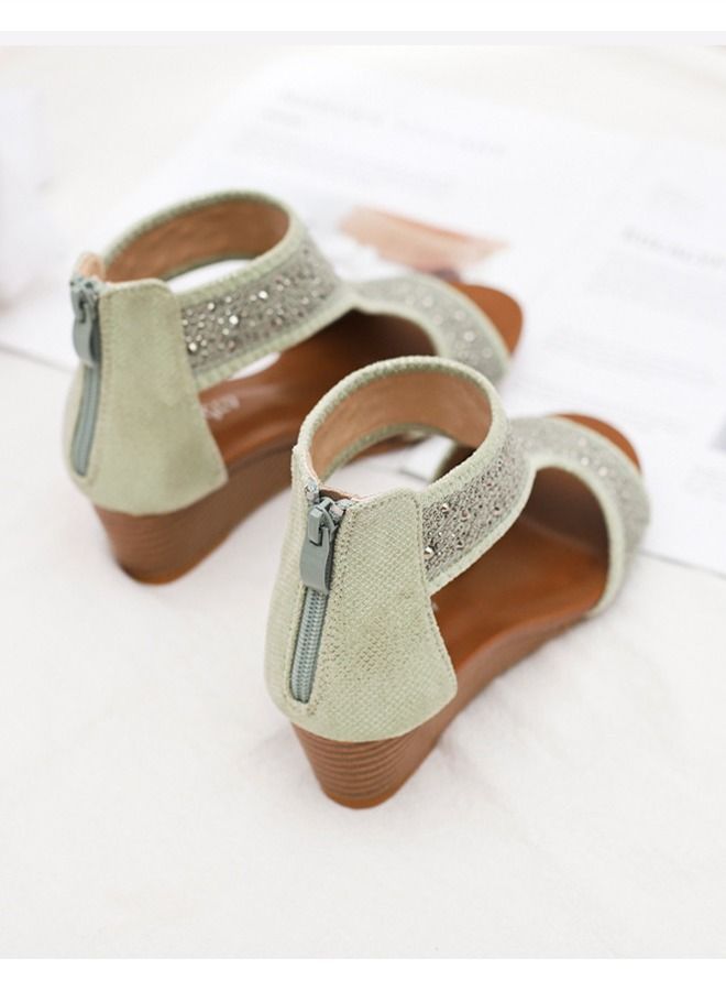 Loquat Fairy Wind Back Zipper Wedge Heel Sandals 5CM Green  - Image 3