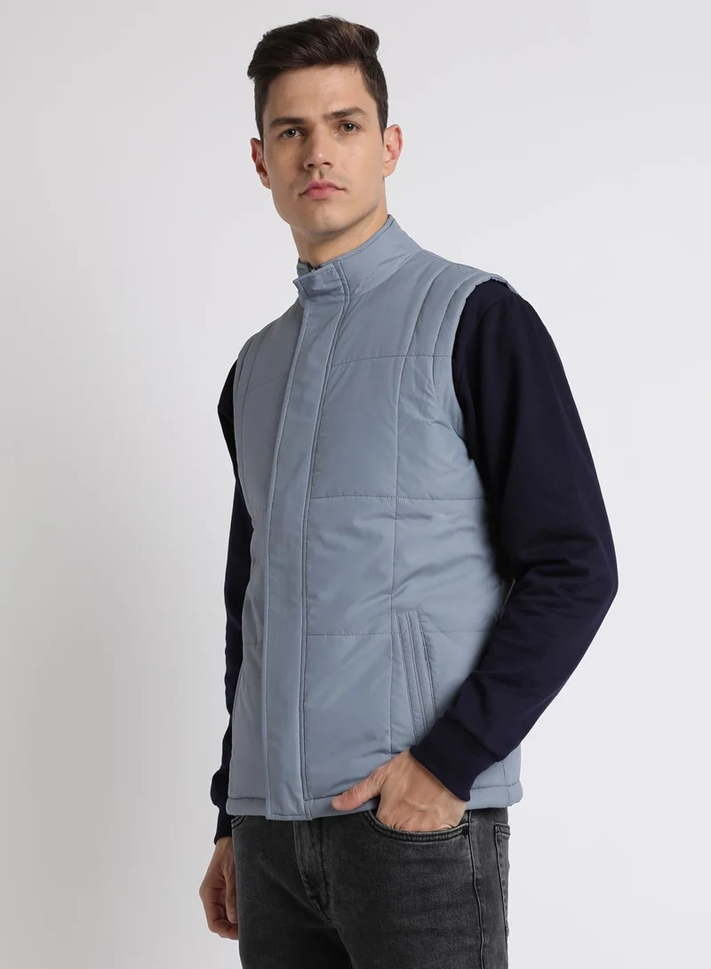 Dennis Lingo Heaven Blue Regular Fit Men's Solid Mock Neck Sleeveless Polyester Jacket with Zipper Closure