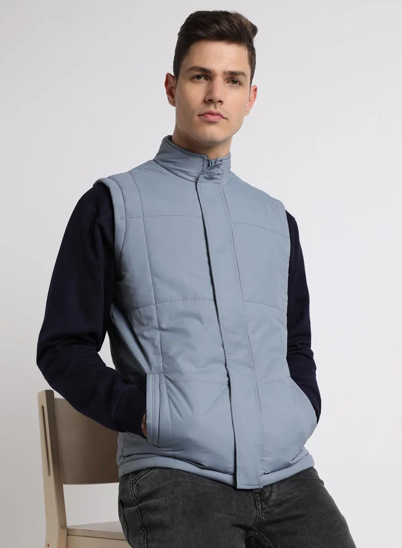 Dennis Lingo Heaven Blue Regular Fit Men's Solid Mock Neck Sleeveless Polyester Jacket with Zipper Closure