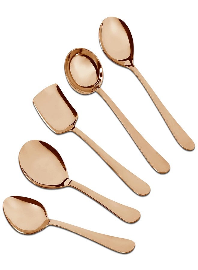 Parage 5 Pieces Stainless Steel Rose Gold Serving Spoon Set for Dining Table/Kitchen, 1.8 mm Heavy Gauge (1 Soup Ladle (Karchi), 1 Solid Spoon (Chamcha), 1 Rice Spoon, 2 Basting/Serving Spoon), - Image 1