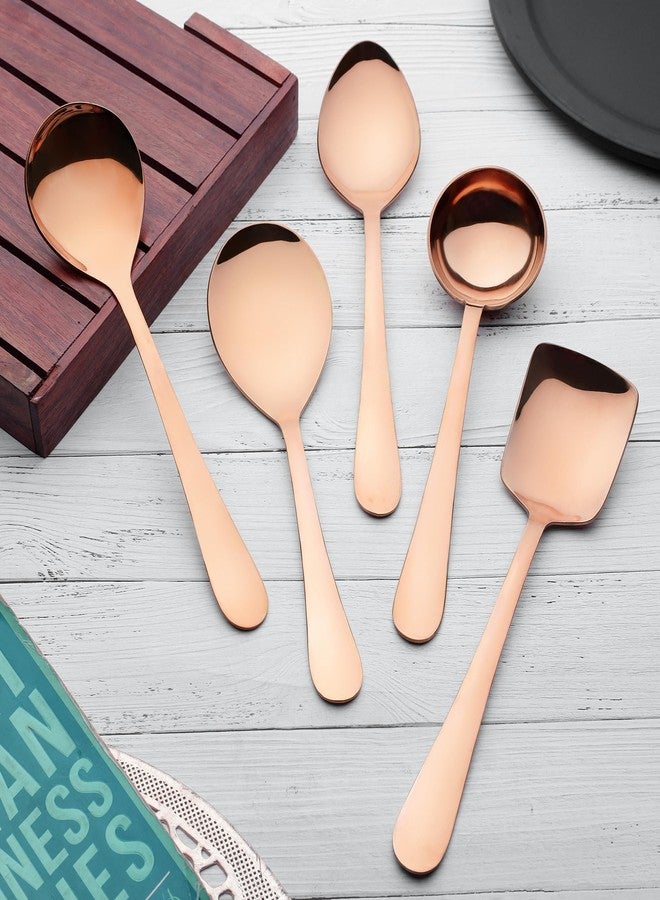 Parage 5 Pieces Stainless Steel Rose Gold Serving Spoon Set for Dining Table/Kitchen, 1.8 mm Heavy Gauge (1 Soup Ladle (Karchi), 1 Solid Spoon (Chamcha), 1 Rice Spoon, 2 Basting/Serving Spoon), - Image 2