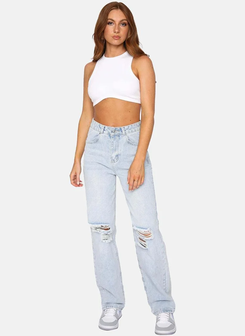YUNIQEE Blue Straight Fit Slash Knee High-Rise Jeans