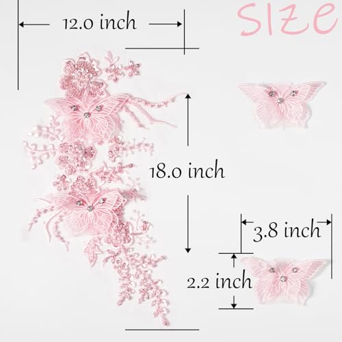 FixrWre Flower Pearl Fabric Rhinestones Beaded Lace Applique,3D Butterfly Embroidered Lace Patch for Clothes,Dress (Pink) - Image 2