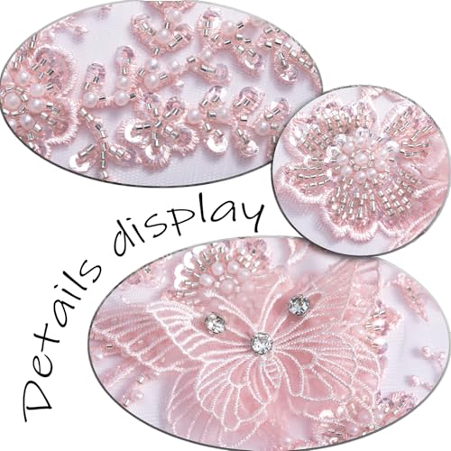 FixrWre Flower Pearl Fabric Rhinestones Beaded Lace Applique,3D Butterfly Embroidered Lace Patch for Clothes,Dress (Pink) - Image 4