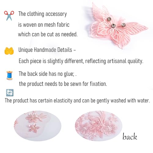 FixrWre Flower Pearl Fabric Rhinestones Beaded Lace Applique,3D Butterfly Embroidered Lace Patch for Clothes,Dress (Pink) - Image 5