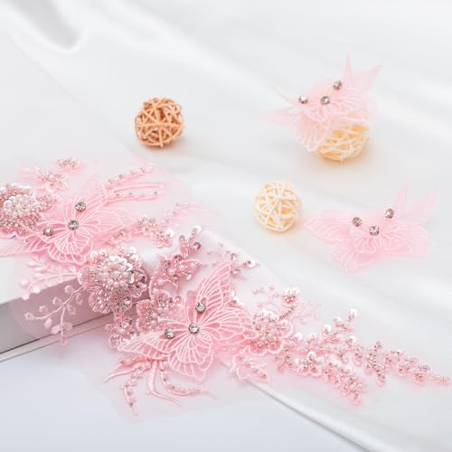 FixrWre Flower Pearl Fabric Rhinestones Beaded Lace Applique,3D Butterfly Embroidered Lace Patch for Clothes,Dress (Pink) - Image 3