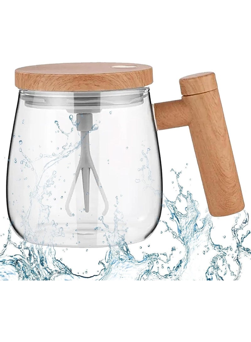 Automatic Self-Stirring Heat-Resistant Glass Mug - Coffee & Nescafe Mixer Mug with Stylish Wooden Handle - Cordless Drink Mixer - 400ml Capacity - Image 1