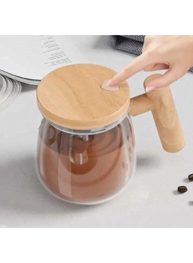 Automatic Self-Stirring Heat-Resistant Glass Mug - Coffee & Nescafe Mixer Mug with Stylish Wooden Handle - Cordless Drink Mixer - 400ml Capacity - Image 2