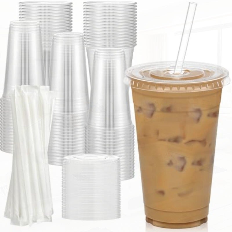 Dealusy 100 Pack - 20 oz Clear Plastic Cups with Lids and Straws Sturdy and Food Safe Iced Coffee Cups with lids Disposable Plastic Smoothie Cups for Cold Drinks - Image 1