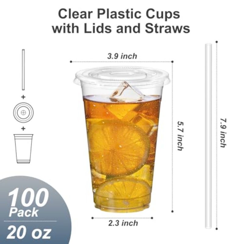 Dealusy 100 Pack - 20 oz Clear Plastic Cups with Lids and Straws Sturdy and Food Safe Iced Coffee Cups with lids Disposable Plastic Smoothie Cups for Cold Drinks - Image 2