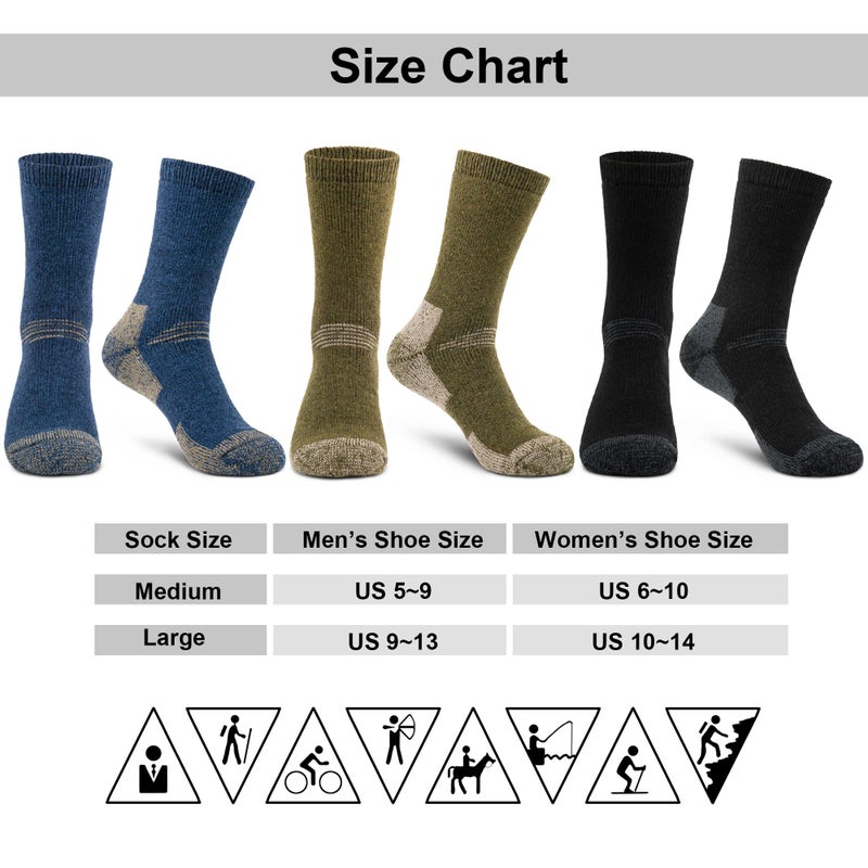 Time May Tell Mens and womens Merino Wool Hiking Cushioning Socks For Outdoor Wool-Socks-For-Men 2/3 Pack (Black/Green/Blue(3 Pairs) US Size 9~13 - Image 5
