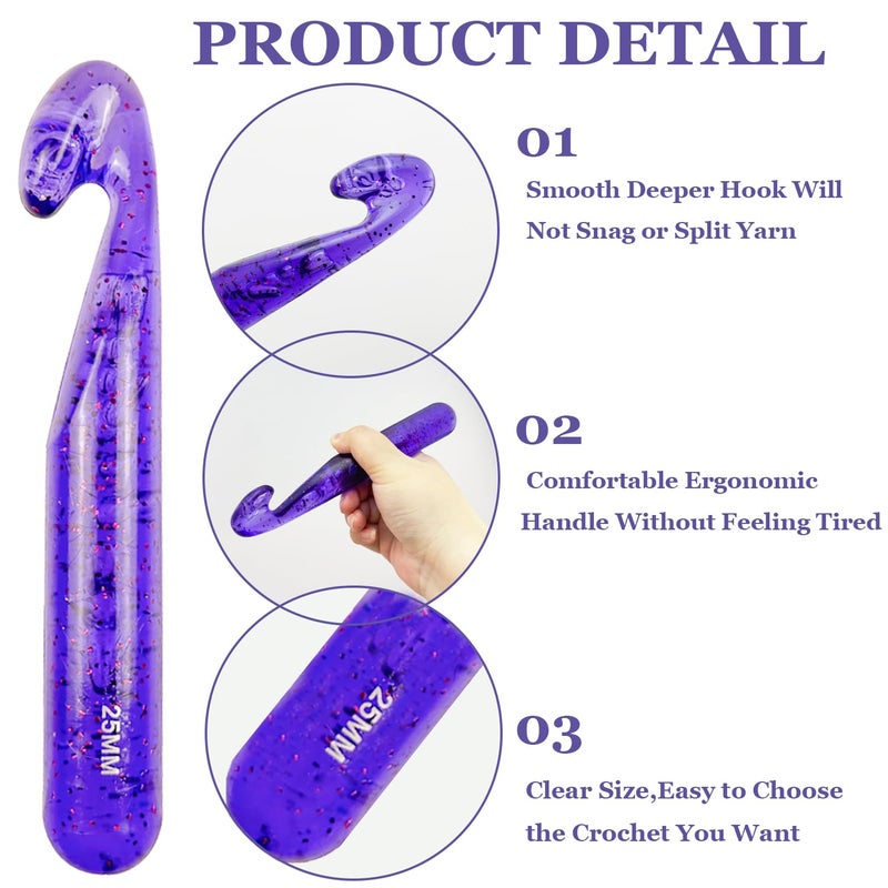 Hobekoee 25mm Large Crochet Hook for Chunky Yarn,Ergonomic Crochet Needles for Arthritic Hands,Plastic Crystal Smooth Crochet Hooks for Handmade DIY Crocheting - Image 3