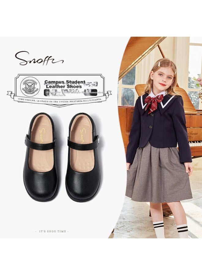 Snoffy Children's Black Leather Shoes, Spring Girls' Student Shoes, Comfortable Princess Shoes, Soft-soled School Performance Shoes, Xueyuan Black, Size 34 - Image 1
