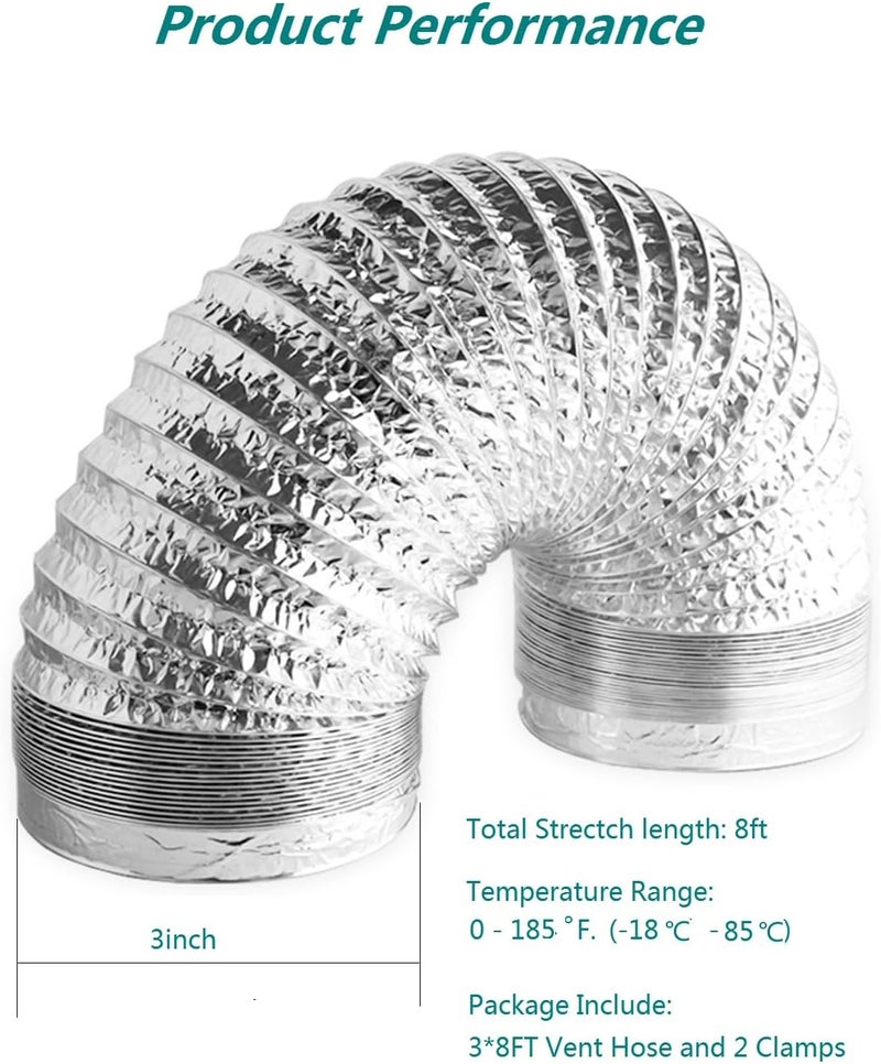 Allvent 3 Inch Dryer Vent Duct, 8FT Flexible Aluminum Foil Exhaust Ducting For Heating and Cooling Ventilation with 2 Clamps - Image 2