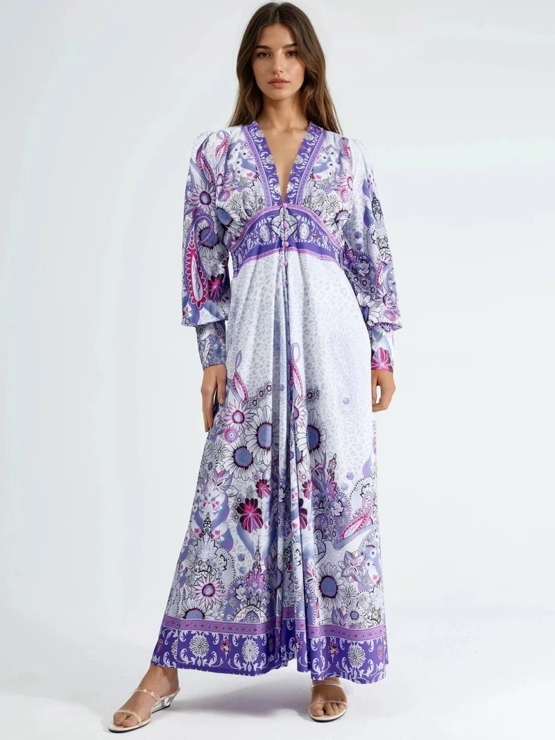 جينيفر Floral Maxi Dress with Paneled Design