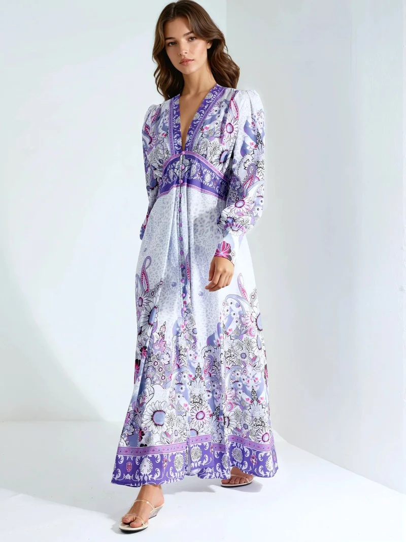 جينيفر Floral Maxi Dress with Paneled Design